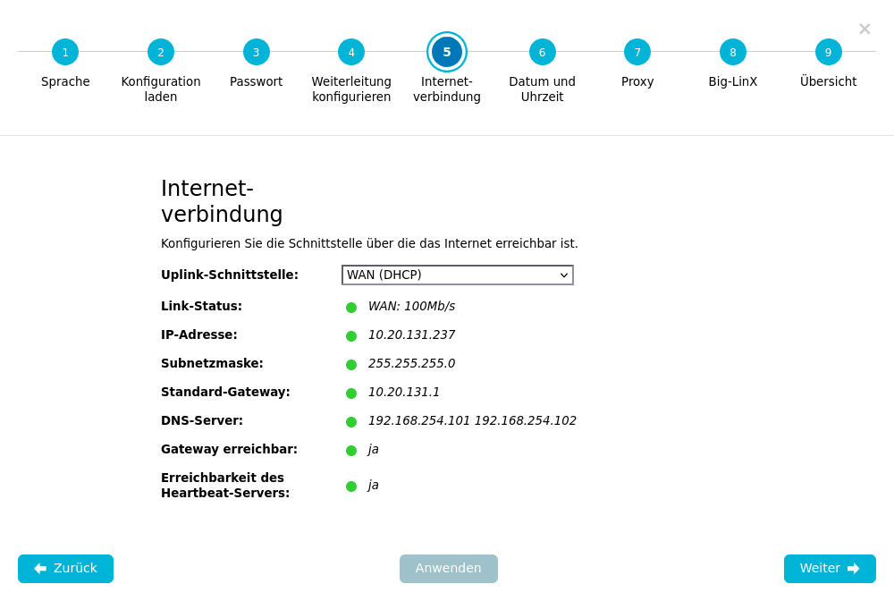 Konfigurations-Assistent — Schritt 5: Internetverbindung